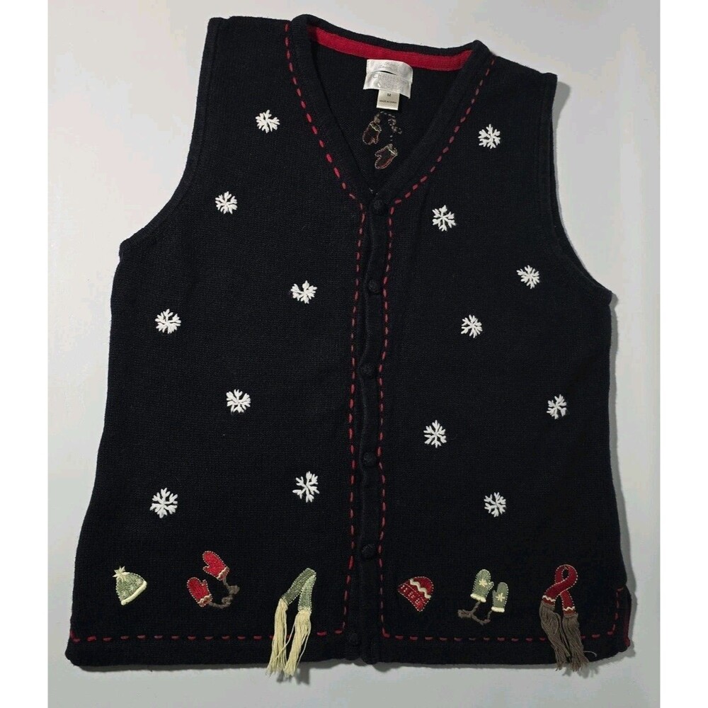 Christopher & Banks Black Hand Embroidered Knit Winter Sweater Vest Women Medium